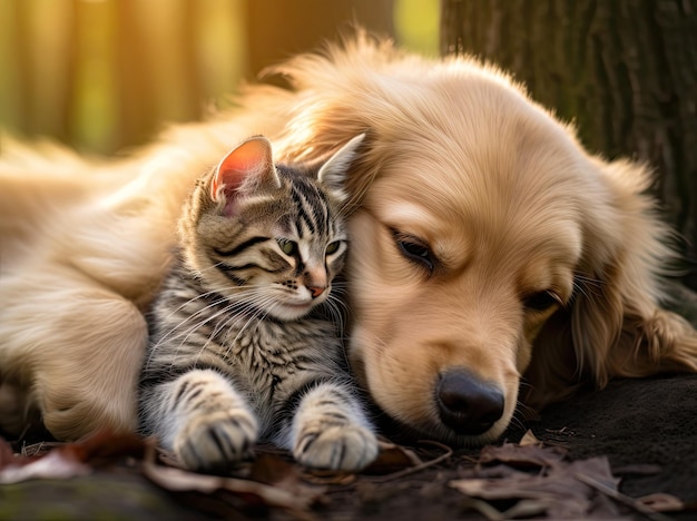 Amistad animal golden retriever perro y gato tocando cabezas emocionalidad romántica divertido y lindo