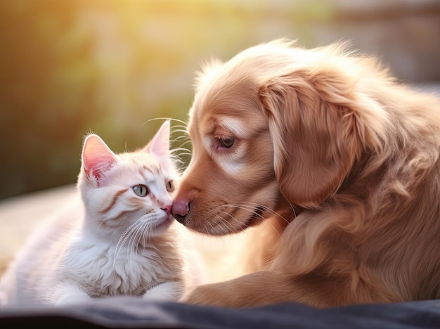 Amistad animal golden retriever perro y gato tocando narices emocionalidad romántica divertido y lindo