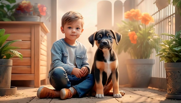 Amistad entre hombre y perro Chico lindo con su amigo cachorro