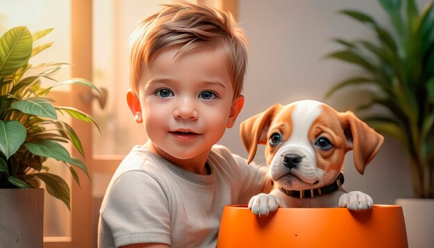 Foto amistad entre hombre y perro chico lindo con su amigo cachorro