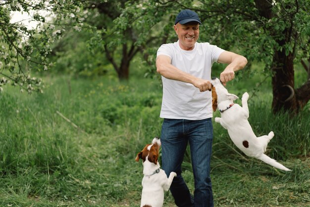 Amistad hombre y perro. El hombre juega perros Jack Russell Terrier en la pradera.