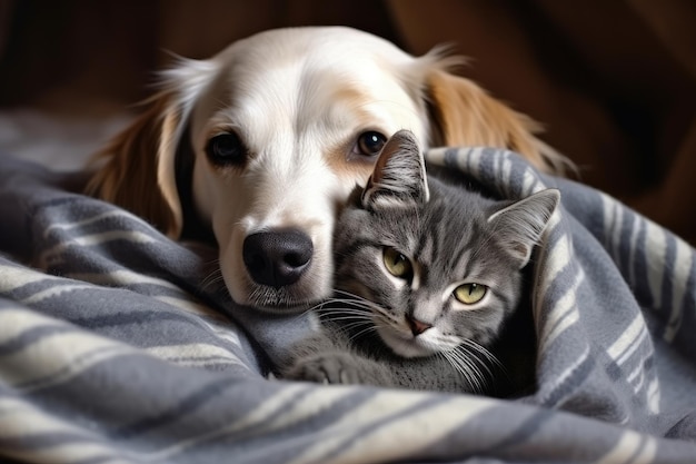 La amistad entre perros y gatos se muestra cuando el perro abraza al gato debajo de la alfombra en casa.