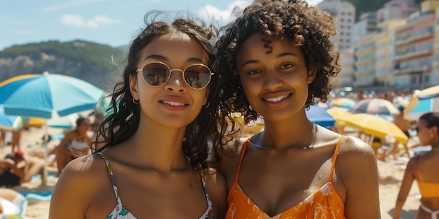 Amistad en la playa soleada con trajes de baño coloridos