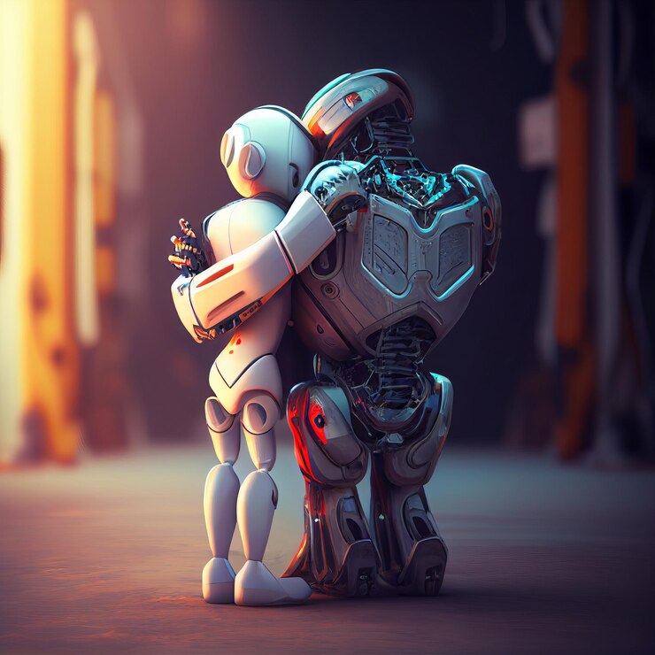 Foto amizade e apoio dos robôs uns dos outros robôs abraçando robôs têm sentimentos generative ai
