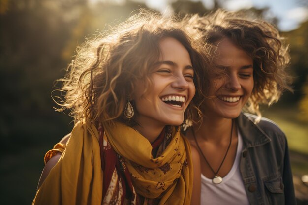 Amizade feminina rindo mulheres jovens alegres caminhando juntas na natureza em um dia ensolarado