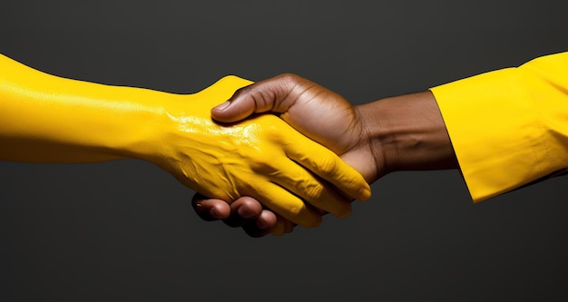Foto amizade mãos humanas pintadas de amarelo apertando as mãos isoladas em fundo de estúdio preto o