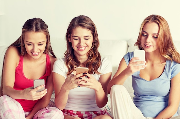 amizade, pessoas, festa do pijama e conceito de tecnologia - amigos felizes ou adolescentes com smartphone em casa