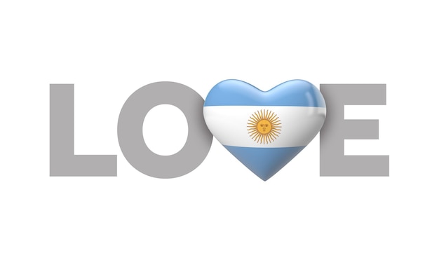 Amo a bandeira em forma de coração da Argentina com renderização de palavra de amor d
