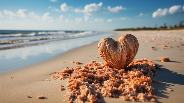 Amo o coração na areia com a praia do mar à distância