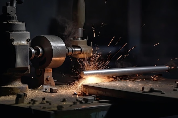 Amoladora industrial cortando metal con chispas volando en el aire Cortando un metal cilíndrico con una amoladora de torno IA generada