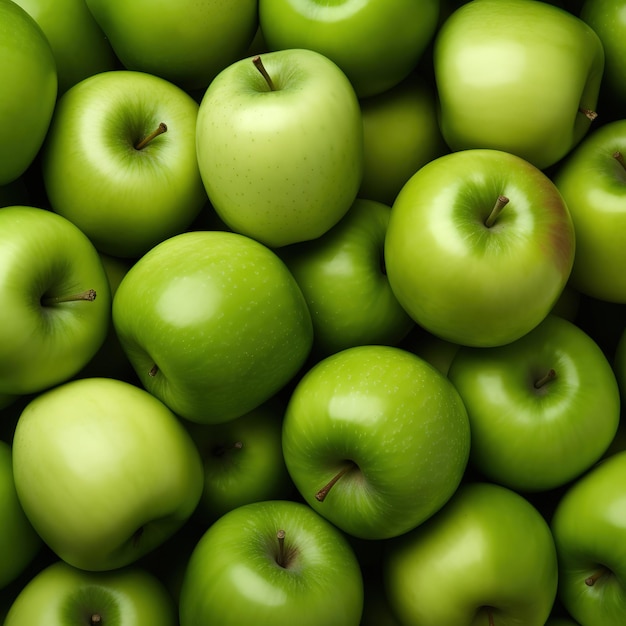 Se amontona un montón de manzanas verdes y la parte inferior de las manzanas es verde.