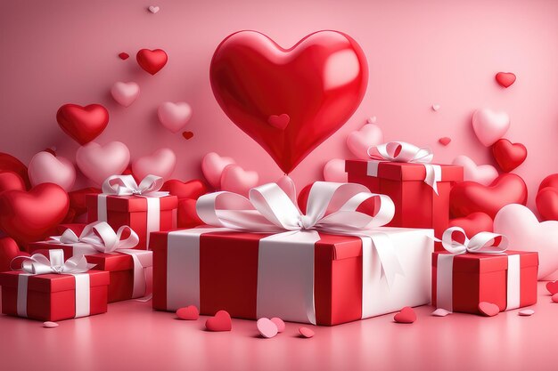 El amor en 3D el día de San Valentín con fondo de corazón y caja de regalos.