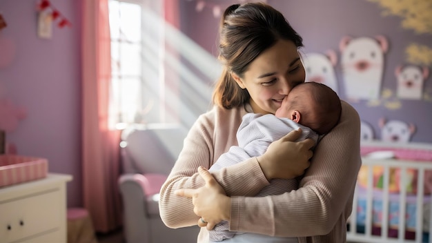 Amor abrazando a la madre y al bebé en casa