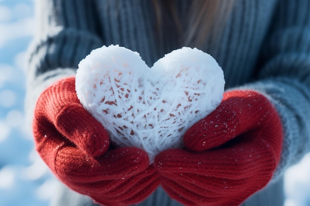 Foto el amor está en el aire helado. las manos en guantes crean un corazón.