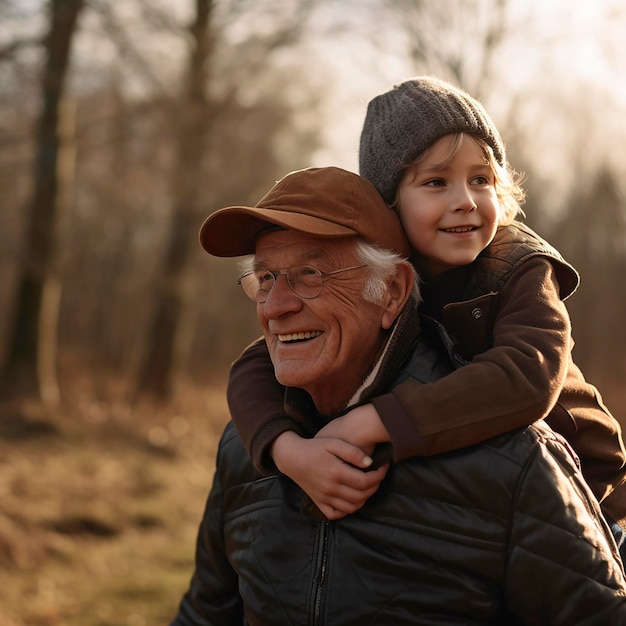 El amor y la amistad de un nieto y un abuelo un niño pequeño abraza a un anciano