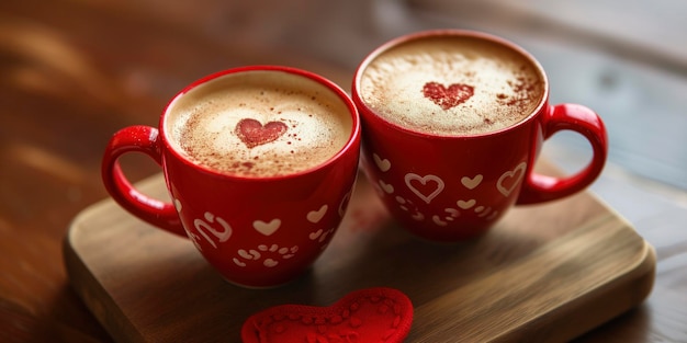 El amor en cada sorbo tazas de café latte de San Valentín rojas adornadas con decoraciones de corazones