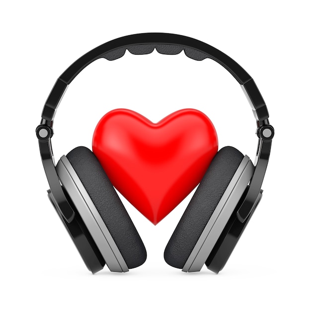 Amor concepto de la música. Auriculares inalámbricos negros y un corazón rojo sobre un fondo blanco. Representación 3D