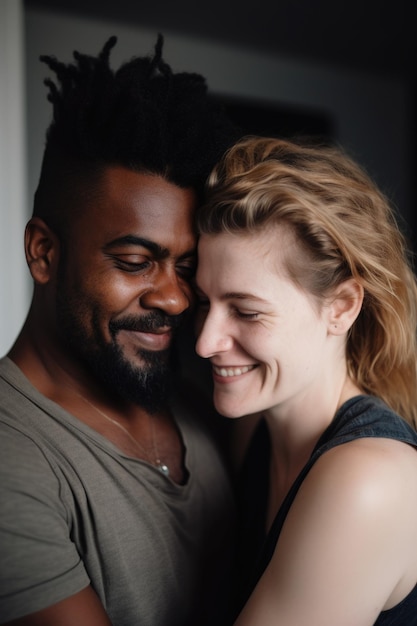 Foto amor, confiança e casal inter-racial em casa abraçam-se felizes juntos criados com ai generativa