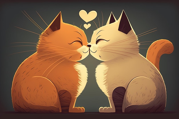 Amor de gato Casal de gatos se abraçando abraçando e se beijando Dois gatinhos fofos apaixonados segurando um coração vermelho no Dia dos Namorados Generative AI