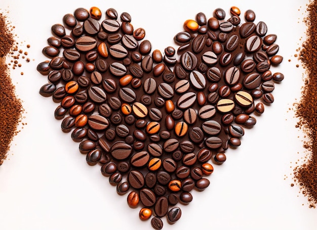 Amor de grãos de café na forma de um coração isolado no fundo branco