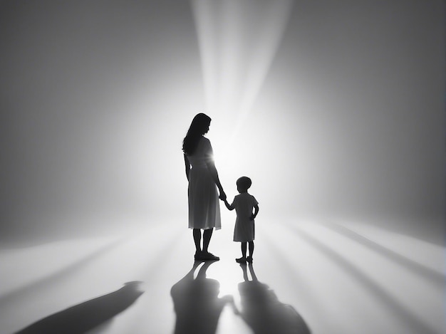 Amor de mãe com sua forma de sombra infantil isolada em fundo branco gerado por IA