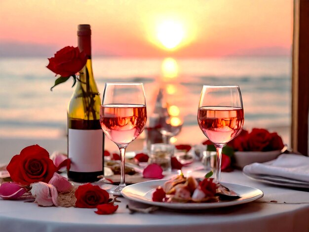Foto amor de verão jantar romântico ao pôr-do-sol na praia mesa de lua-de-mel para dois com comida de luxo