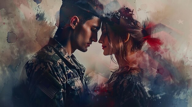 Foto amor y deber silueta de una pareja militar