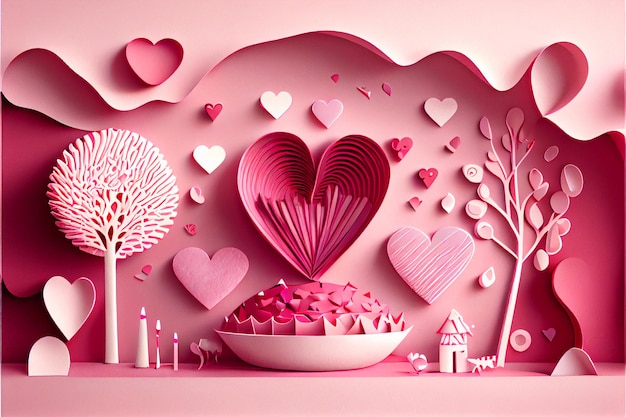 Amor Día de San Valentín 14 de febrero Estilo de corte de papel Arte generado por 3D ai