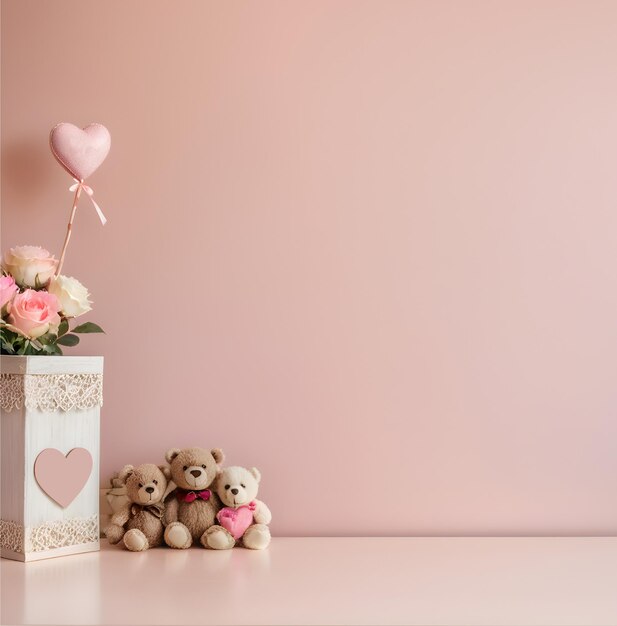 El amor del día de San Valentín con un pequeño oso en un fondo de pared rosa