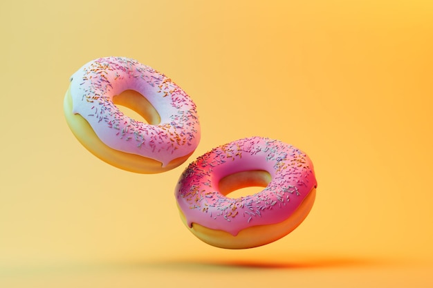 Amor por los donuts donuts con glaseado de colores volando sobre fondos pastel 3D Render