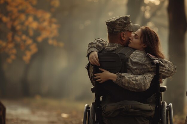 Foto el amor duradero, los momentos tiernos y la devoción inquebrantable en el abrazo del corazón de un soldado.