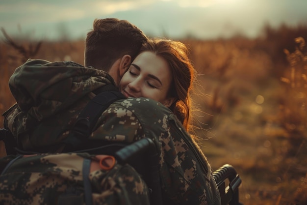 Foto el amor duradero, los momentos tiernos y la devoción inquebrantable en el abrazo del corazón de un soldado.