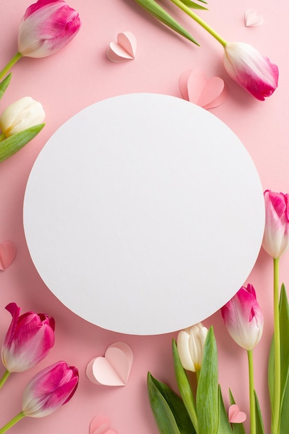 Amor em flor Vista vertical superior impressionante de tulipas e adornos de coração em fundo rosa pastel Personalize o círculo vazio com mensagens sentimentais ou adicione conteúdo promocional sem esforço
