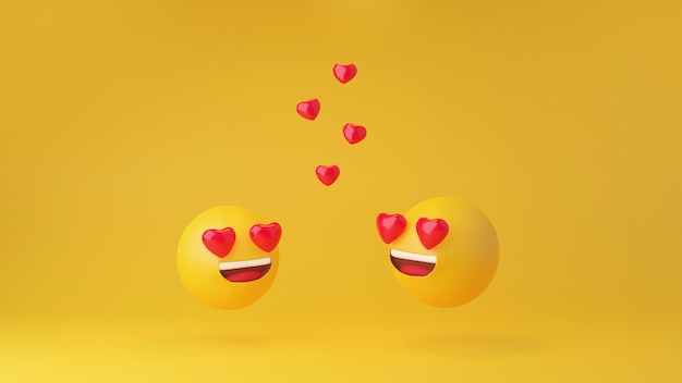 En el amor emoticon cabeza amarilla sobre fondo amarillo estudio render 3d