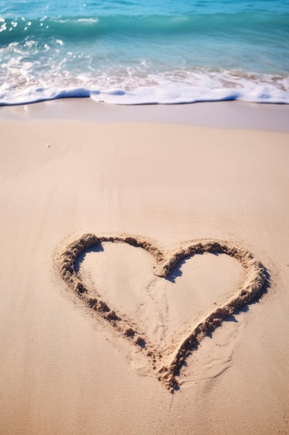 Amor escrito en corazón de arena en la playa