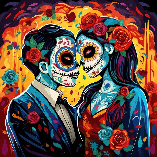 Amor Eterno Celebrando a Vida num Dia Colorido dos Mortos Imagem com Casal