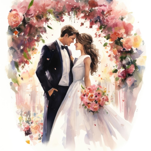 El amor en flor, una caprichosa acuarela, una ilustración de una alegre celebración de bodas.