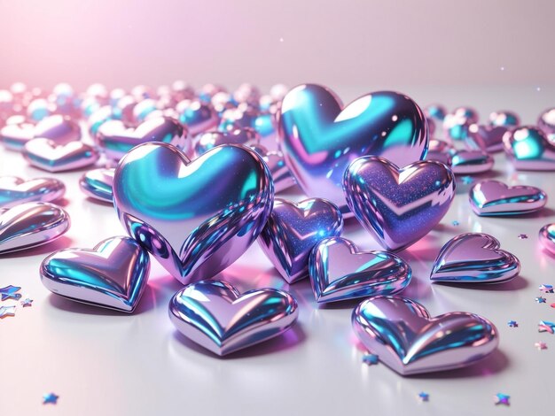 Amor futurista 3D Corazones holográficos en el conjunto de estilo Y2K Palabras clave aisladas tic amor 3D h