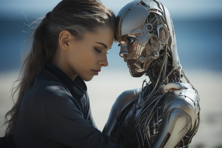 Foto amor futurista relaciones cyborg en el futuro tecnología y emoción imaginando un mundo de inteligencia artificial compañerismo robótico y dinámica en evolución del amor en la era digital