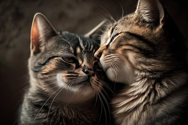 Amor de gato Pareja de gatos abrazándose caricias y besándose Dos lindos gatitos enamorados sosteniendo un corazón rojo en el Día de San Valentín IA generativa