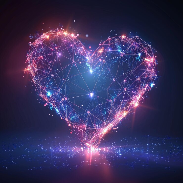 Amor holográfico futurista Un corazón poligonal bajo o forma de amor que brilla con elegancia digital