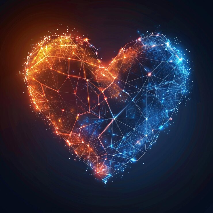 Amor holográfico futurista Un corazón poligonal bajo o forma de amor que brilla con elegancia digital