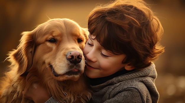 Foto amor incondicional una escena conmovedora de un niño compartiendo un beso amoroso con su adorable perro capturando el puro vínculo de amistad