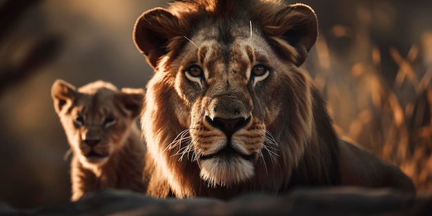 El amor de un león Fotografía majestuosa de un gran león y su cachorro en vista frontal IA generativa