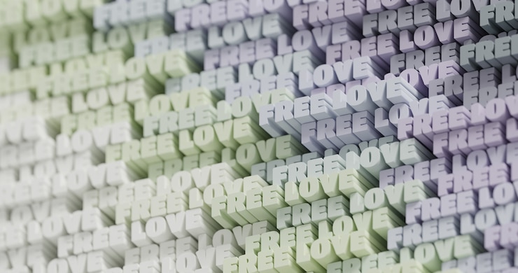 Foto amor libre 3d. fondo de letras 3d tipográfico abstracto. patrón de palabra de moda brillante moderno en una paleta de color verde claro, oliva, gris. portada contemporánea, telón de fondo para presentaciones