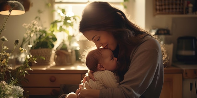 Amor de una madre y un bebé Familia en casa Estilo de vida