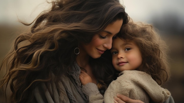 El amor de una madre, una joven y su hija abrazándose al aire libre, generado por IA