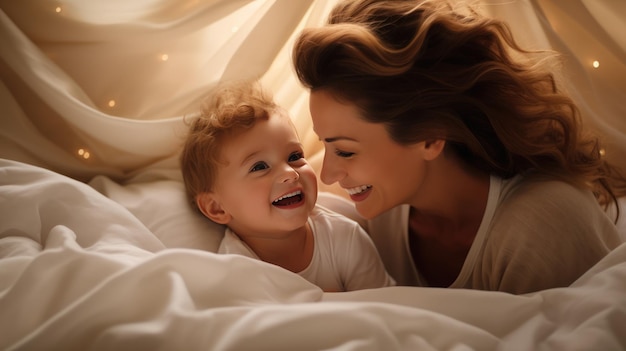 El amor de mamá y el bebé lindo en la cama alegre