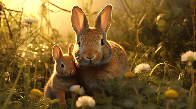 Foto el amor maternal de la madre conejo acunando tiernamente a sus crías