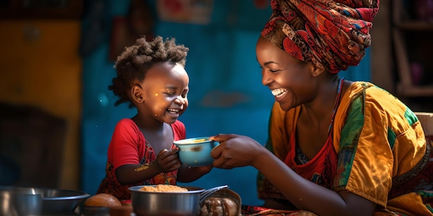 Amor materno caloroso durante as refeições em uma cozinha rústica, alegria e nutrição se unem AI